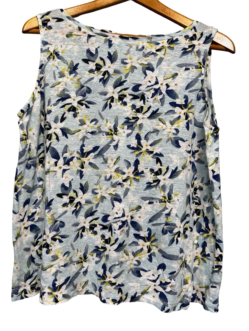 J. Jill Love Linen Blue White Floral Sleeveless Blouse SZ Medium Coastal Chic
